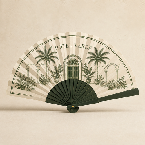 Boutique hotel folding fan with arched doorway and palm artwork